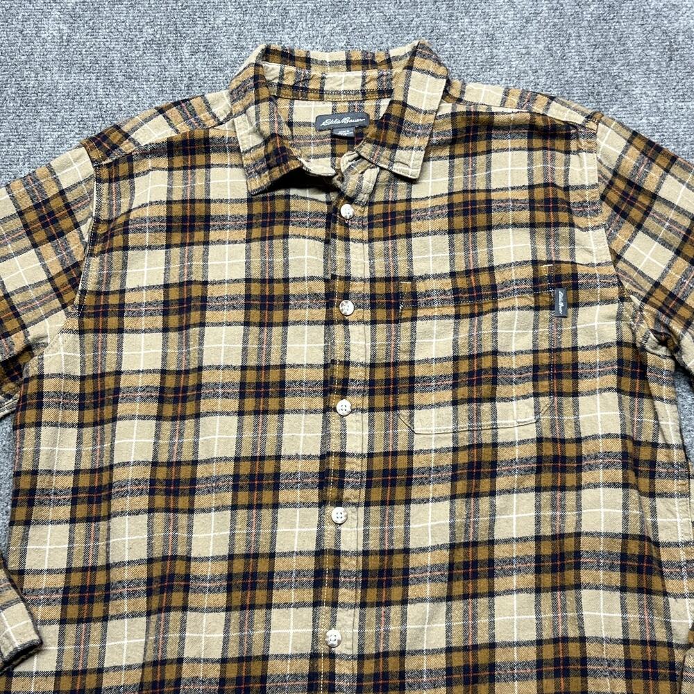 Eddie Bauer Shirt Mens Large Beige Plaid Flannel Button Front Long Sleeve Casual